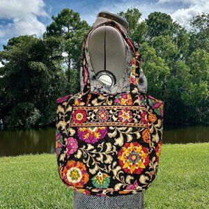 Vera Bradley Suzani Multicolor Black Floral Cotton Quilted Tote Shoulder EUC